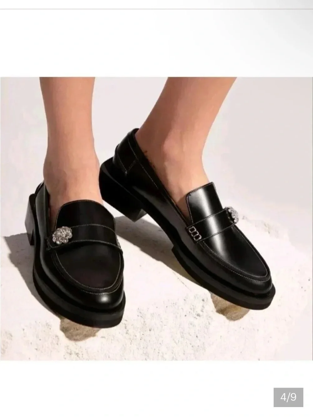 Ganni Black Leather Loafers with Crystal Buckle
